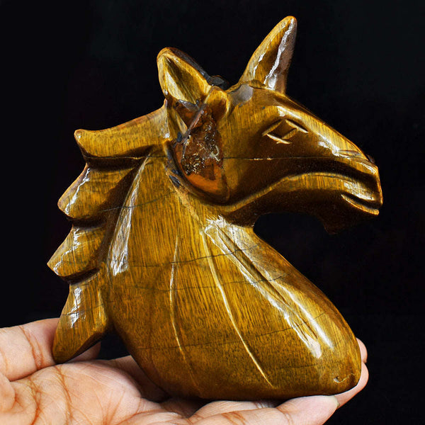gemsmore:Premium 1414.00  Carats  Genuine  Golden  Tiger Eye Hand  Carved  Unicorn Head Carving