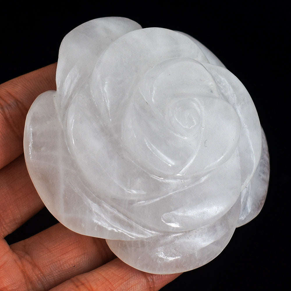 gemsmore:White  Quartz  634.00 Cts  Genuine  Hand Carved Rose Flower Carving Gemstone