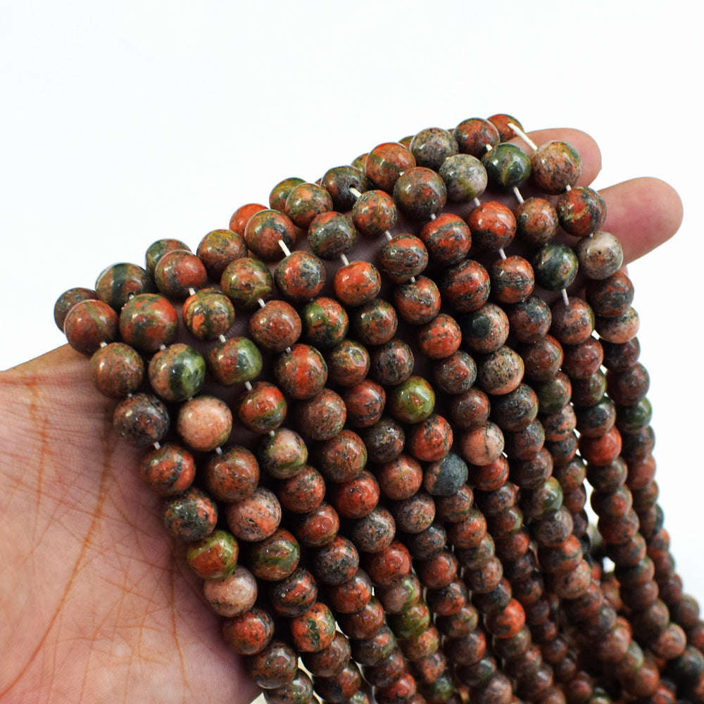gemsmore:1 pc 08mm Blood Green Unakite Drilled Beads Strand 12 inches