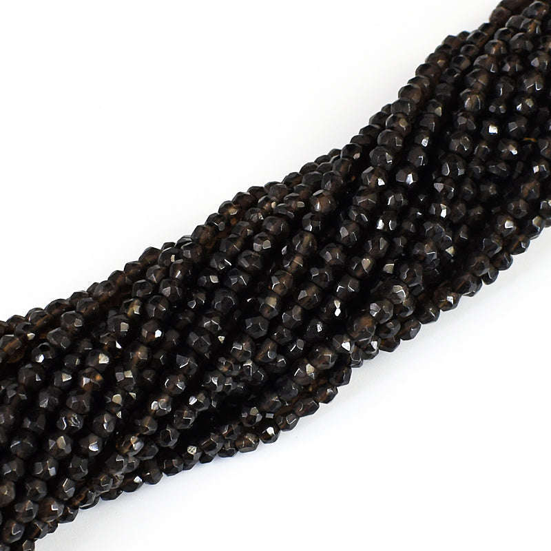 gemsmore:1 pc 3-4mm Faceted Smoky Quartz Drilled Beads Strand 13 inches