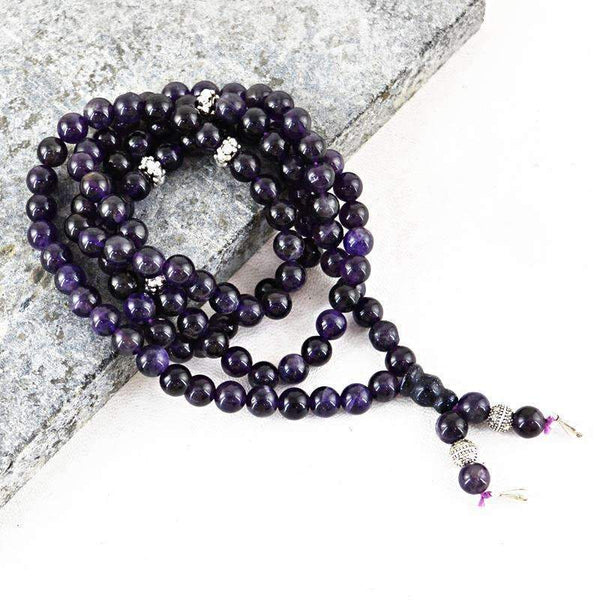 gemsmore:108 Beads Necklace Purple Amethyst Prayer Mala - Natural Round Shape