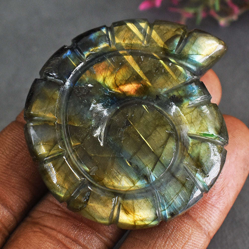 gemsmore:142 Carats Genuine Golden & Orange Flash Labradorite Ammonite