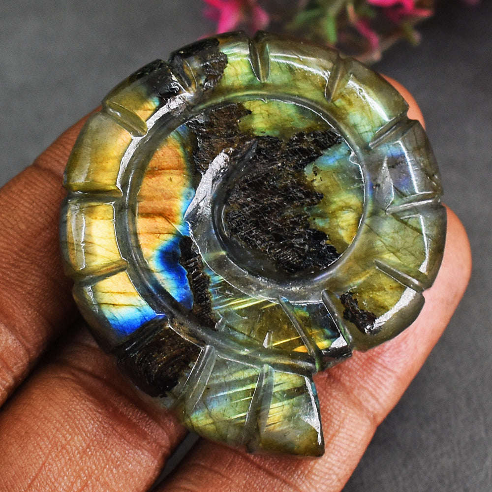 gemsmore:142 Carats Genuine Golden & Orange Flash Labradorite Ammonite