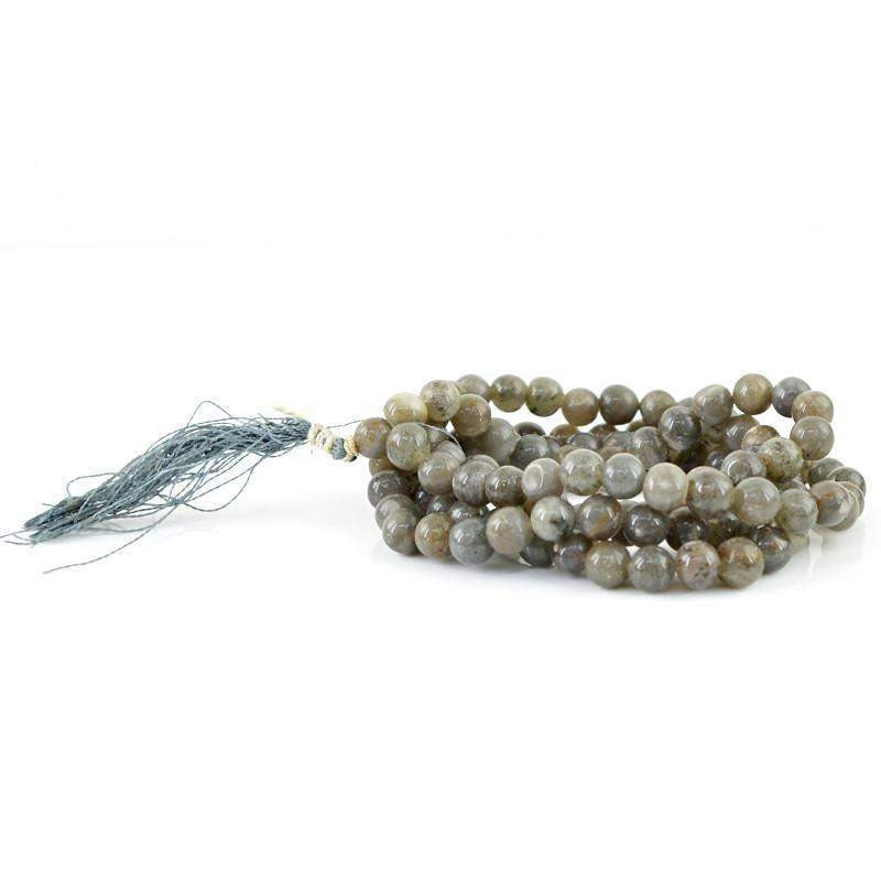 gemsmore:108 Prayer Mala Natural Grey Agate Necklace Round Shape Untreated Beads