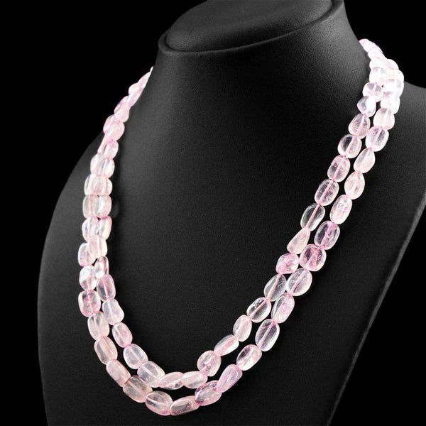 gemsmore:2 Line Pink Rose Quartz Necklace Natural Oval Shape Untreated Beads