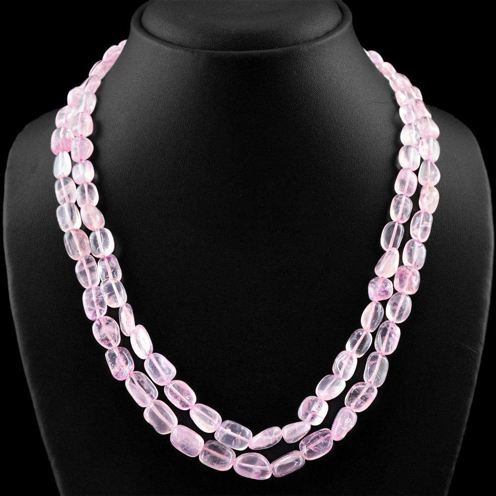 gemsmore:2 Line Pink Rose Quartz Necklace Natural Oval Shape Untreated Beads