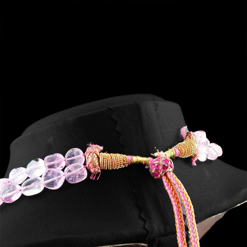 gemsmore:2 Line Pink Rose Quartz Necklace Natural Oval Shape Untreated Beads