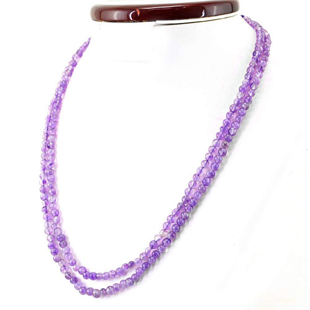 gemsmore:2 Line Purple Amethyst Necklace Natural Round Shape Beads