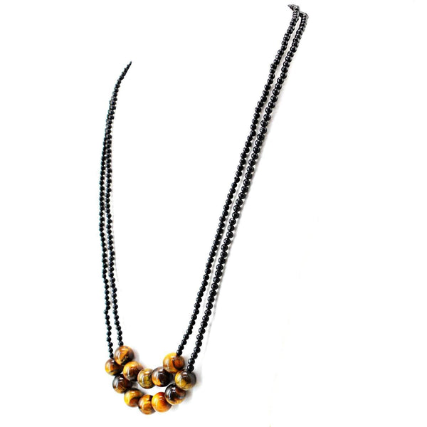gemsmore:2 Strand Black Spinel & Golden Tiger Eye Necklace Natural Round Shape Beads