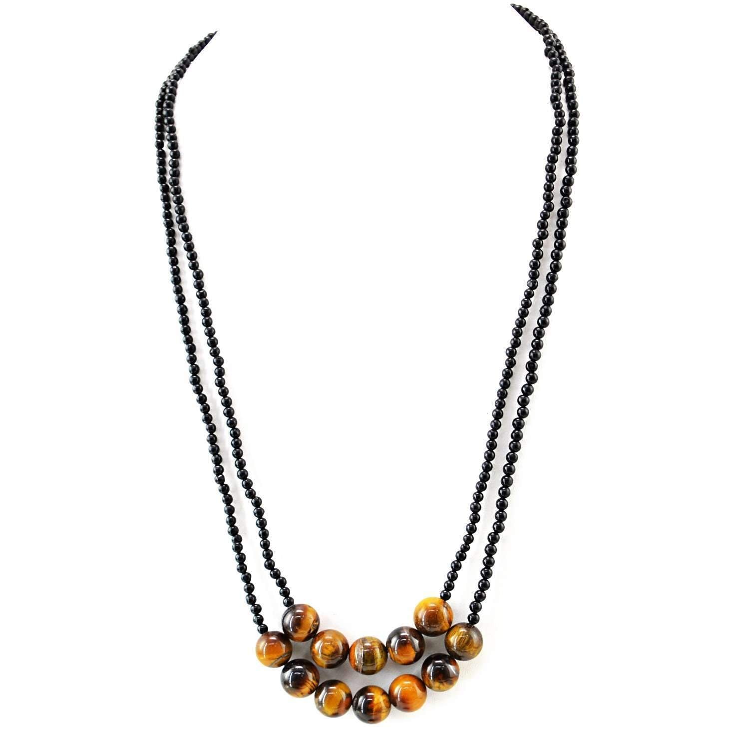 gemsmore:2 Strand Black Spinel & Golden Tiger Eye Necklace Natural Round Shape Beads