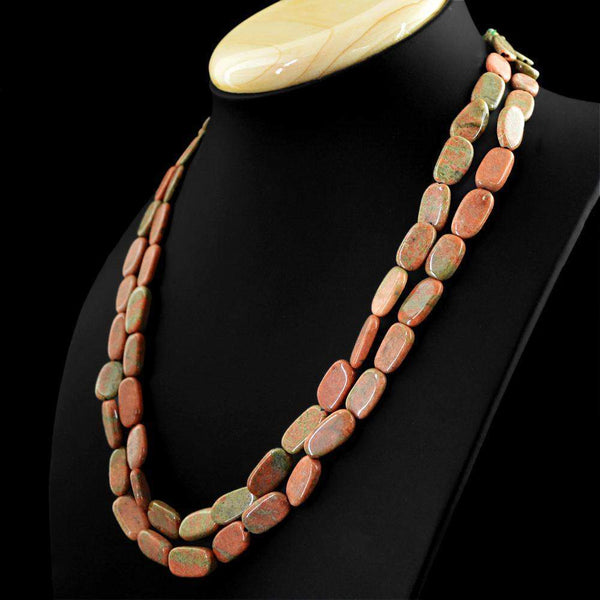 gemsmore:2 Strand Blood Green Unakite Necklace Natural Untreated Beads