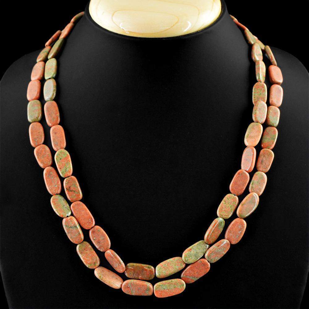 gemsmore:2 Strand Blood Green Unakite Necklace Natural Untreated Beads