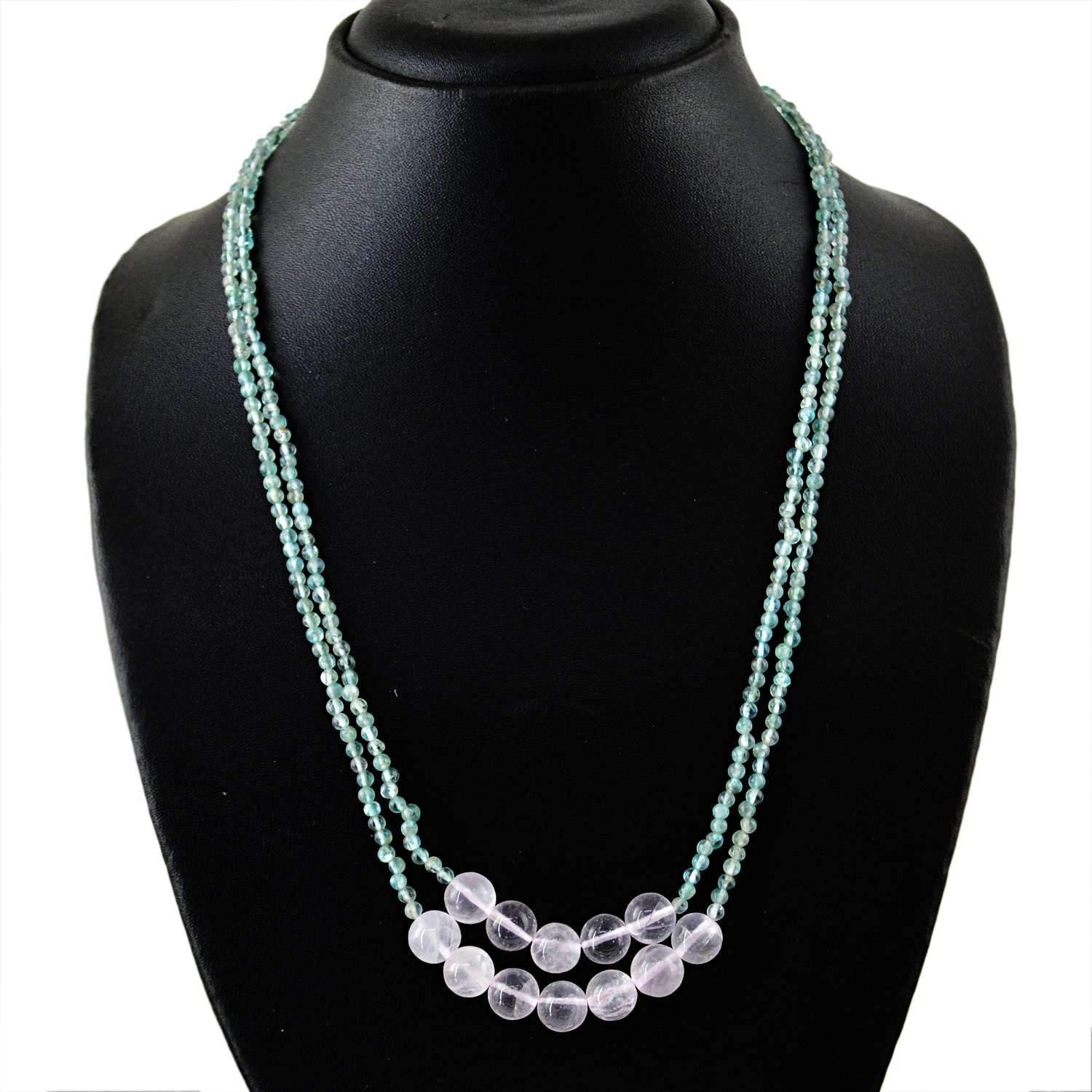gemsmore:2 Strand Blue Apatite & Pink Rose Quartz Necklace Natural Round Shape Beads