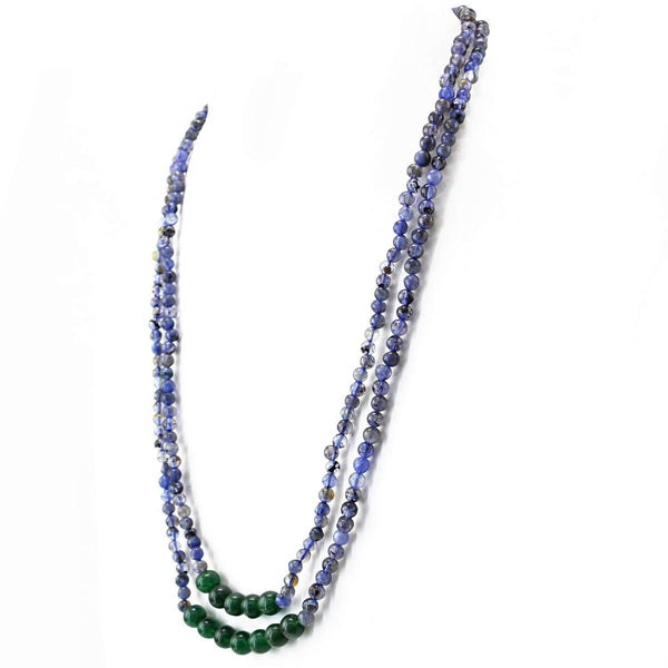 gemsmore:2 Strand Blue Tanzanite & Green Jade Necklace Natural Round Shape Beads