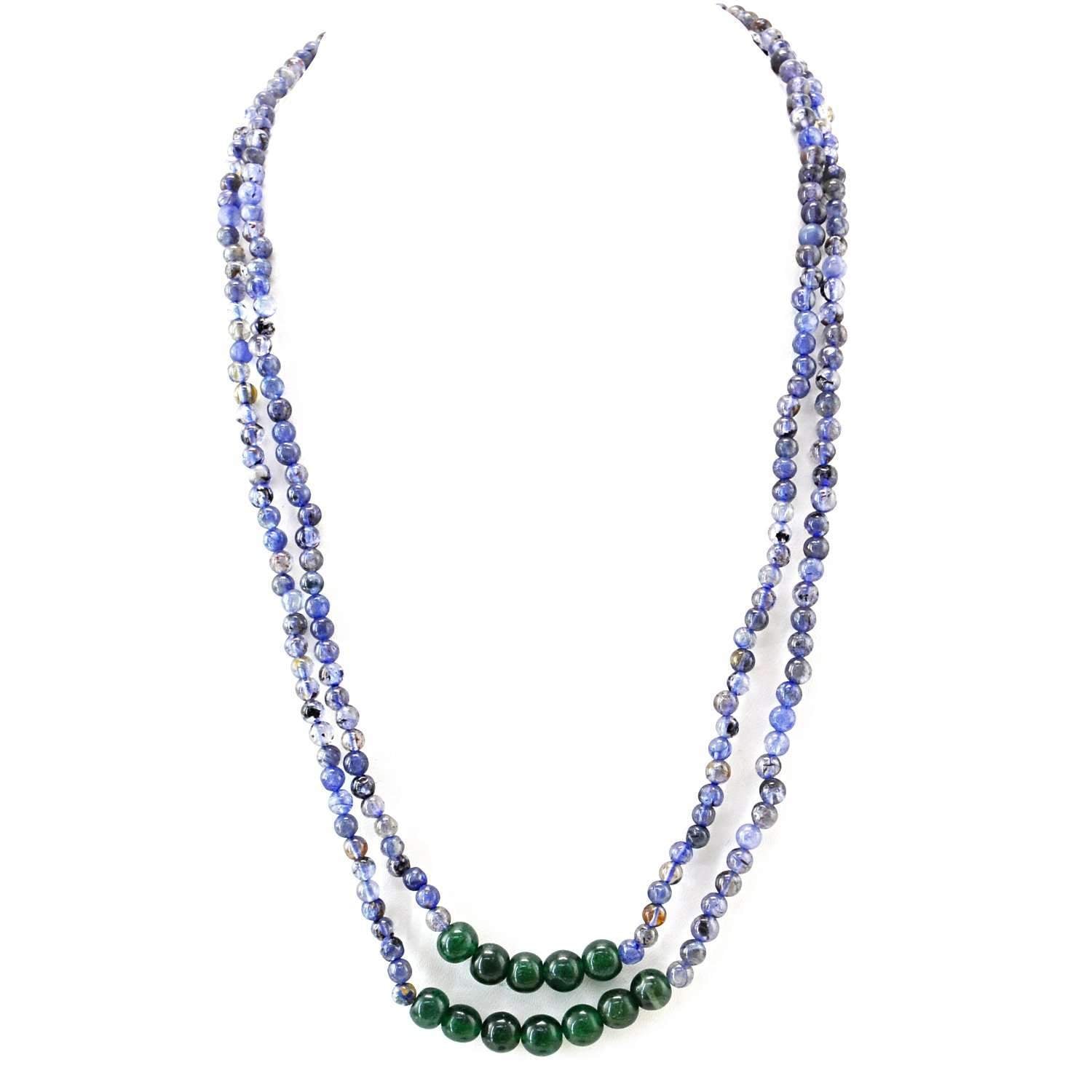 gemsmore:2 Strand Blue Tanzanite & Green Jade Necklace Natural Round Shape Beads