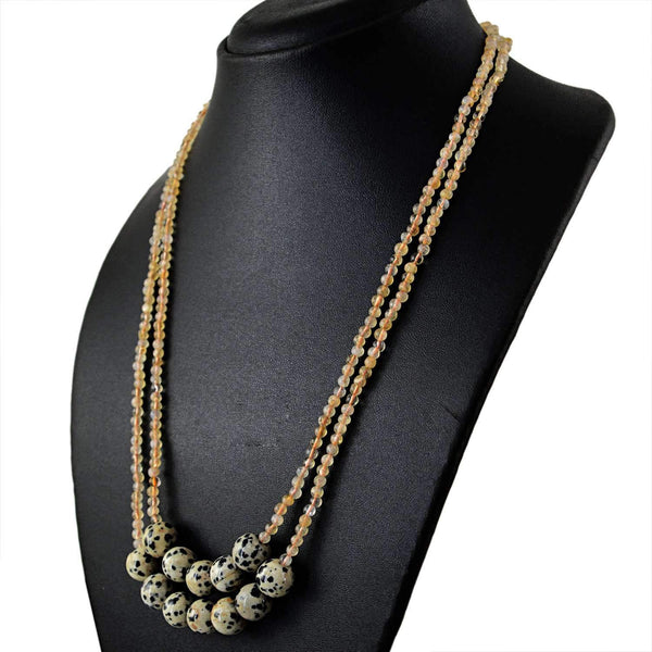 gemsmore:2 Strand Citrine & Dalmatian Jasper Necklace Natural Round Shape Beads