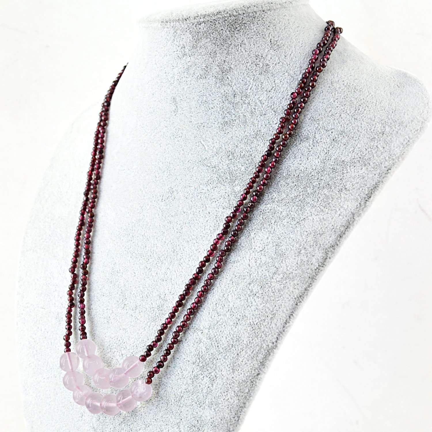2 Strand Red Garnet & Pink Rose Quartz Necklace Natural Round Shape Be