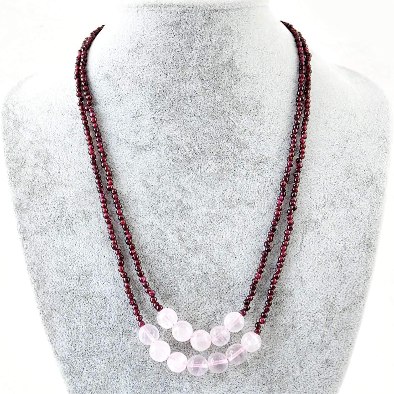 gemsmore:2 Strand Red Garnet & Pink Rose Quartz Necklace Natural Round Shape Beads