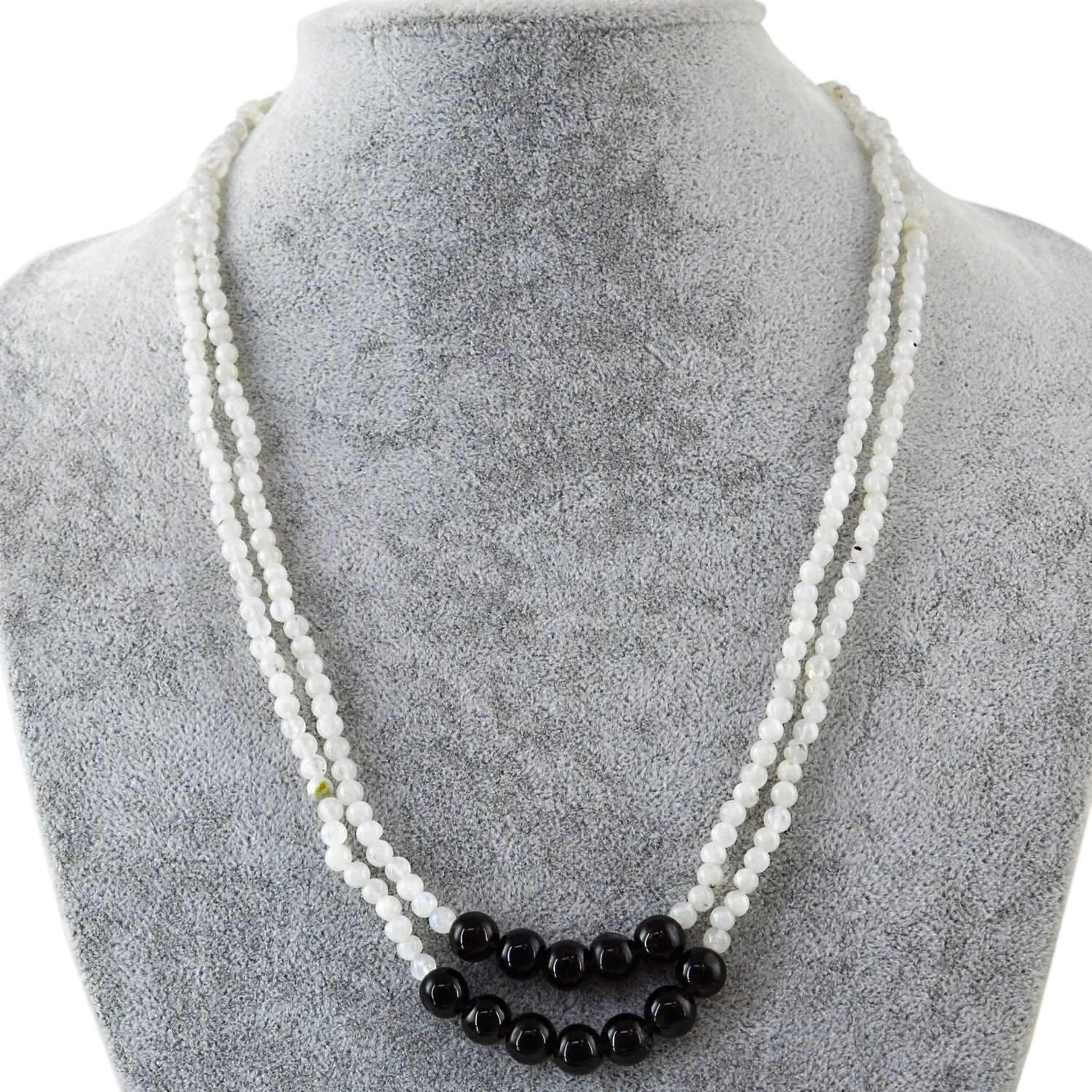 gemsmore:2 Strand White Moonstone & Black Spinel Necklace Natural Round Shape Beads