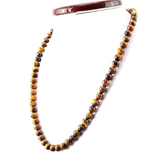 gemsmore:20 Inches Long Golden Tiger Eye Necklace Natural Round Shape Beads
