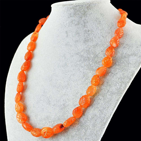 gemsmore:20 Inches Long Orange Carnelian Necklace - Natural Pear Shape Carved Beads