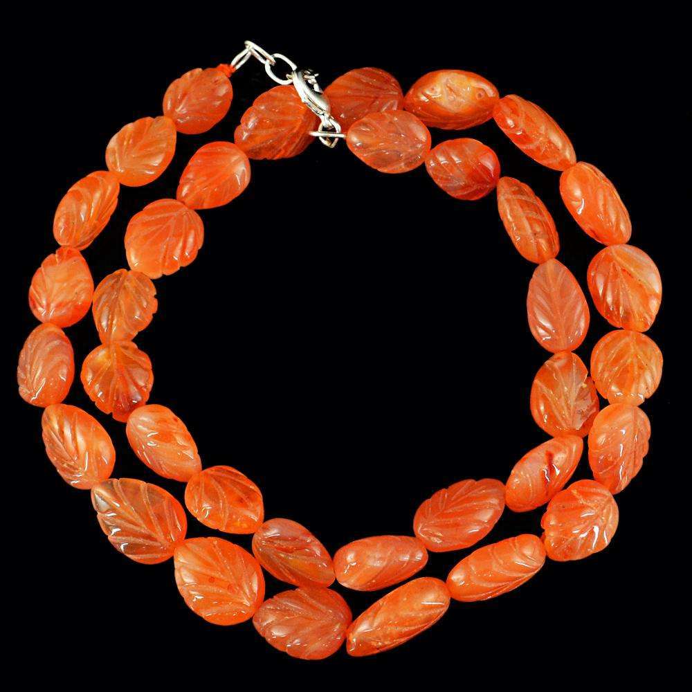 gemsmore:20 Inches Long Orange Carnelian Necklace - Natural Pear Shape Carved Beads