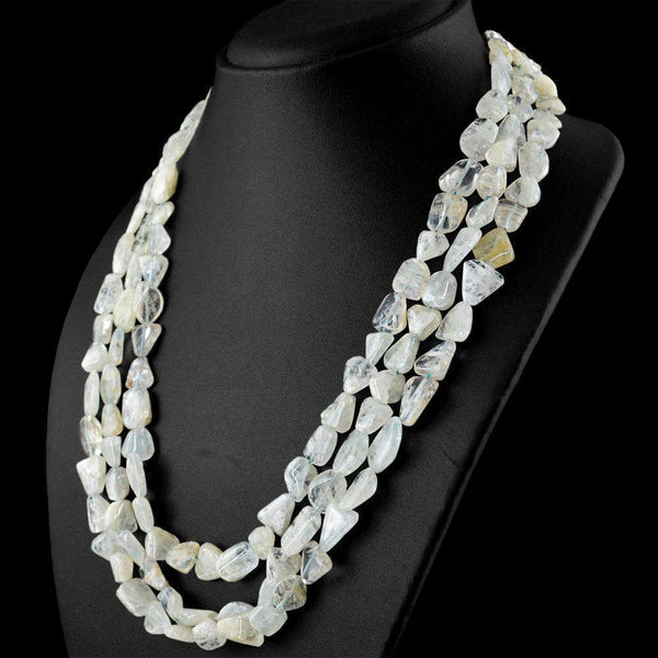 gemsmore:3 Line Aquamarine Necklace Natural Untreated Beads