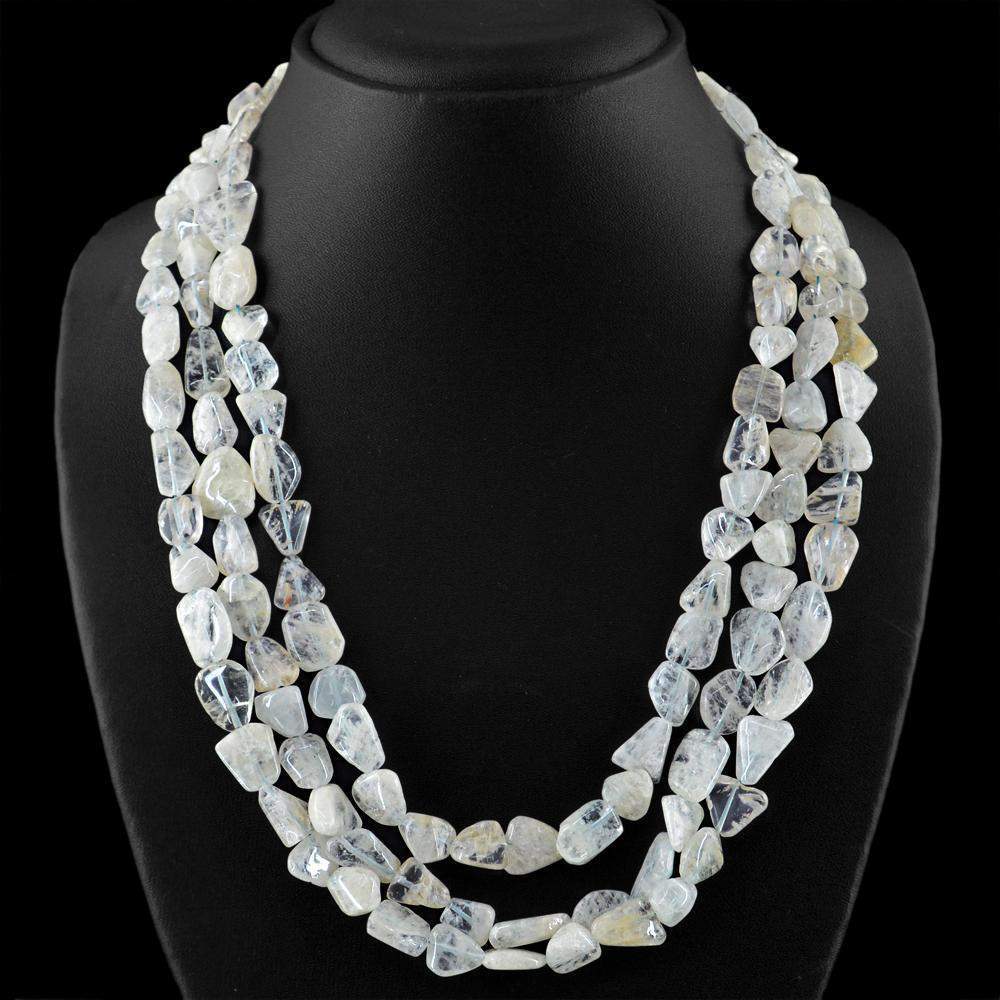 gemsmore:3 Line Aquamarine Necklace Natural Untreated Beads