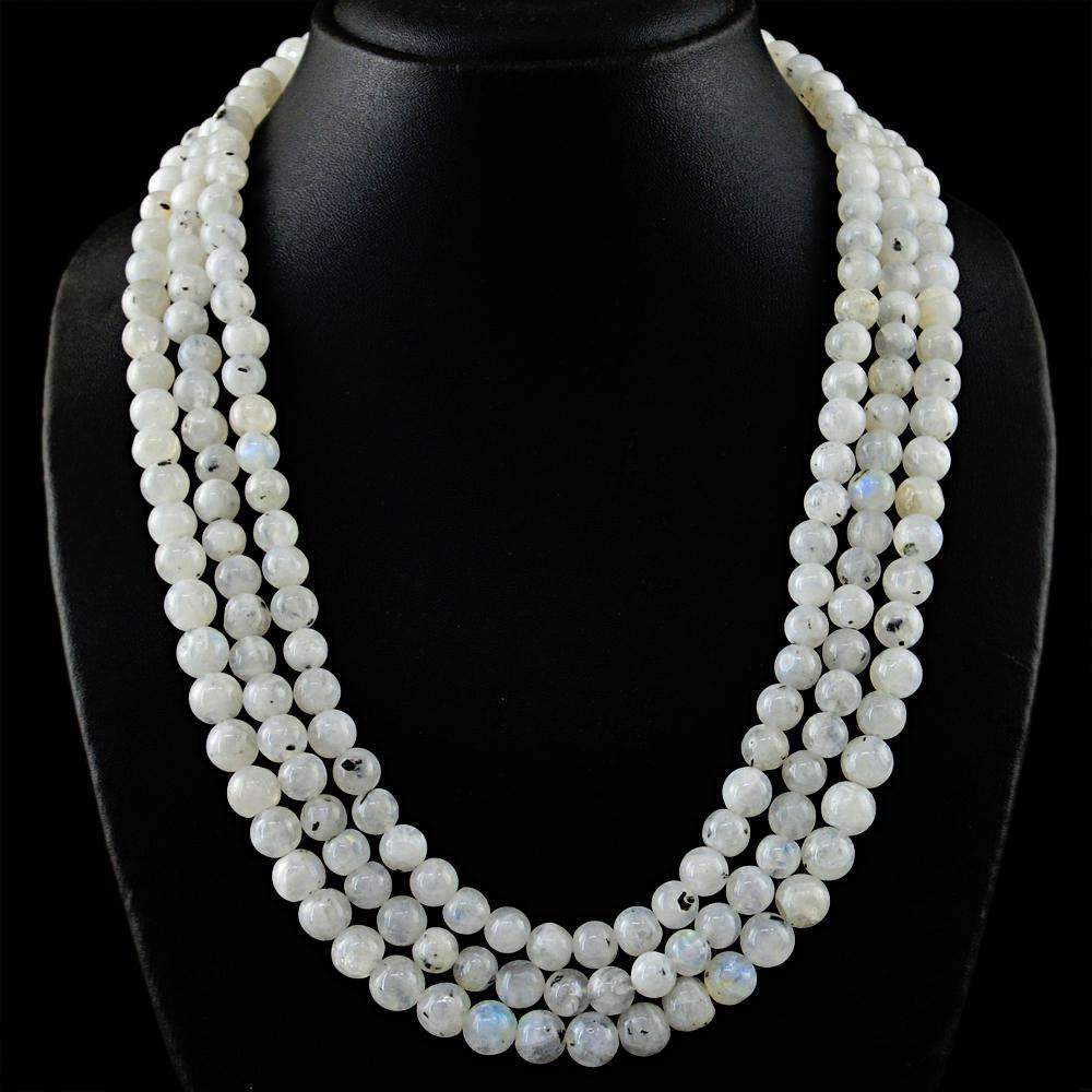 gemsmore:3 Line Blue Flash Moonstone Necklace Natural Round Shape Beads