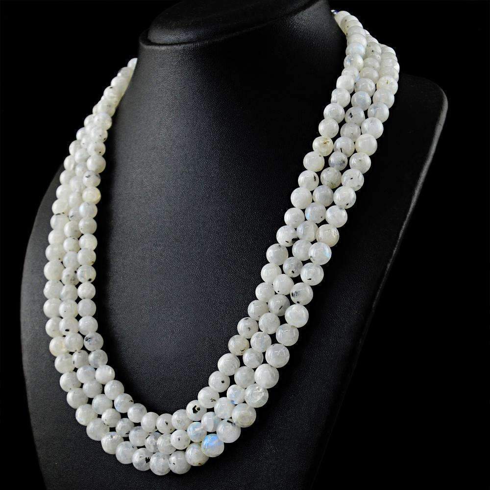 gemsmore:3 Line Blue Flash Moonstone Necklace Natural Round Shape Beads