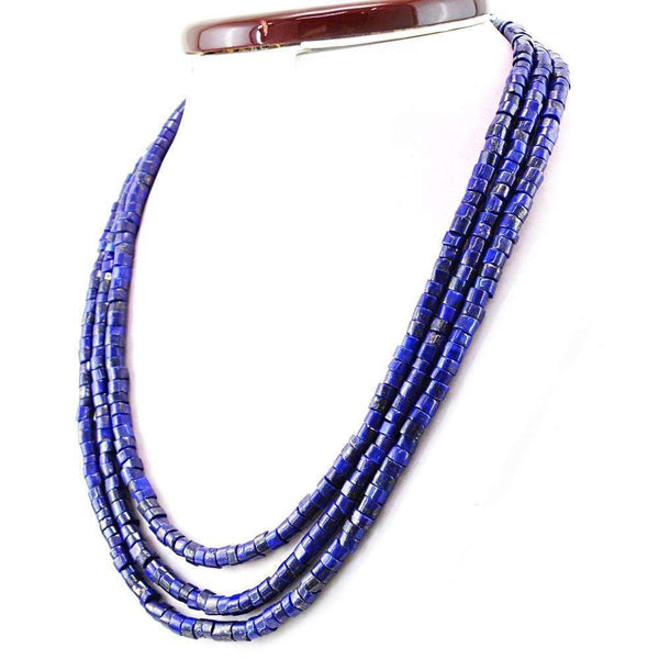 gemsmore:3 Line Blue Lapis Lazuli Necklace Natural Round Shape Beads