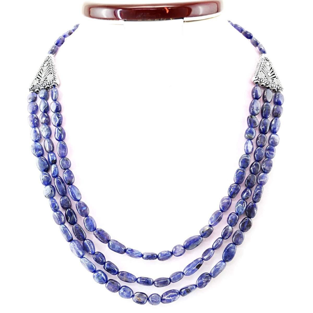 gemsmore:3 Line Blue Tanzanite Necklace Natural Untreated Oval Shape Beads