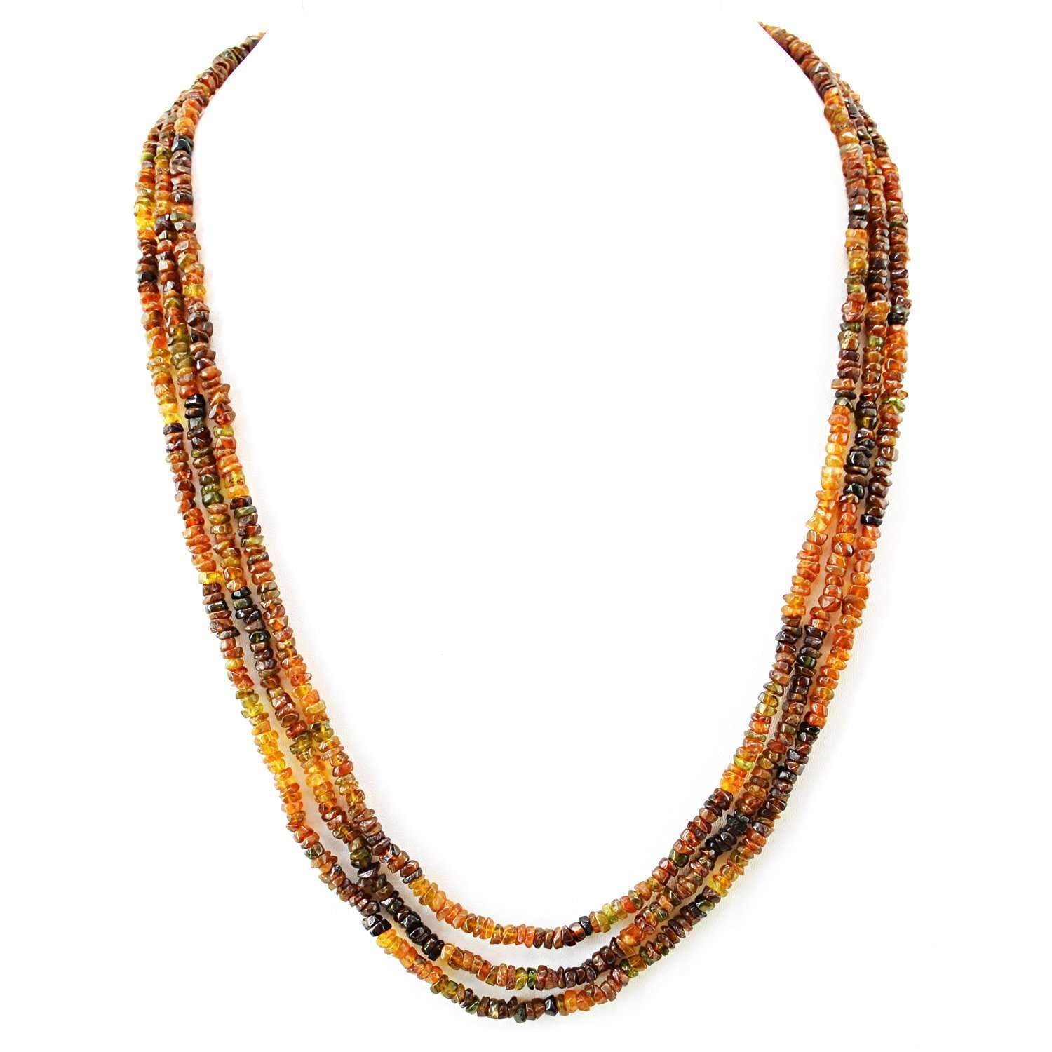 gemsmore:3 Line Hessonite Garnet Necklace Natural Round Cut Beads