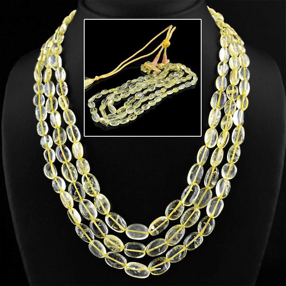 gemsmore:3 Line Natural Yellow Citrine Necklace Oval Shape Beads