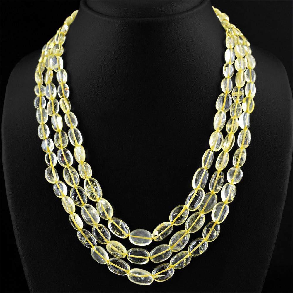 gemsmore:3 Line Natural Yellow Citrine Necklace Oval Shape Beads