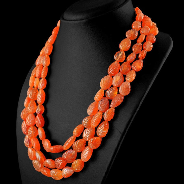 gemsmore:3 Line Orange Carnelian Necklace Natural Pear Shape Carved Beads