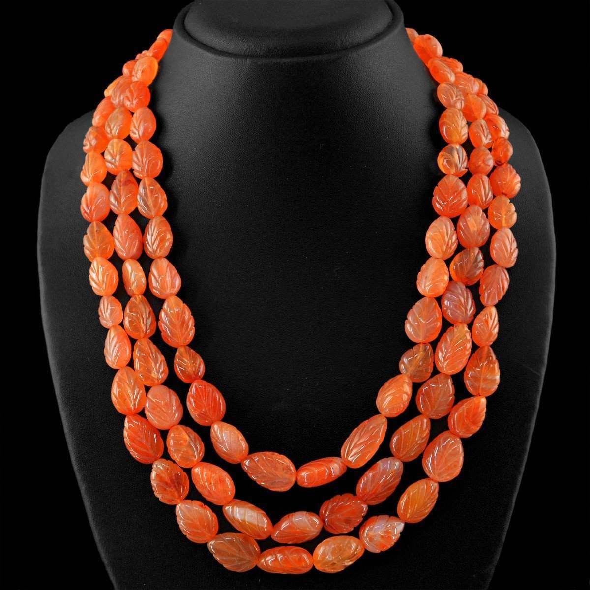 gemsmore:3 Line Orange Carnelian Necklace Natural Pear Shape Carved Beads