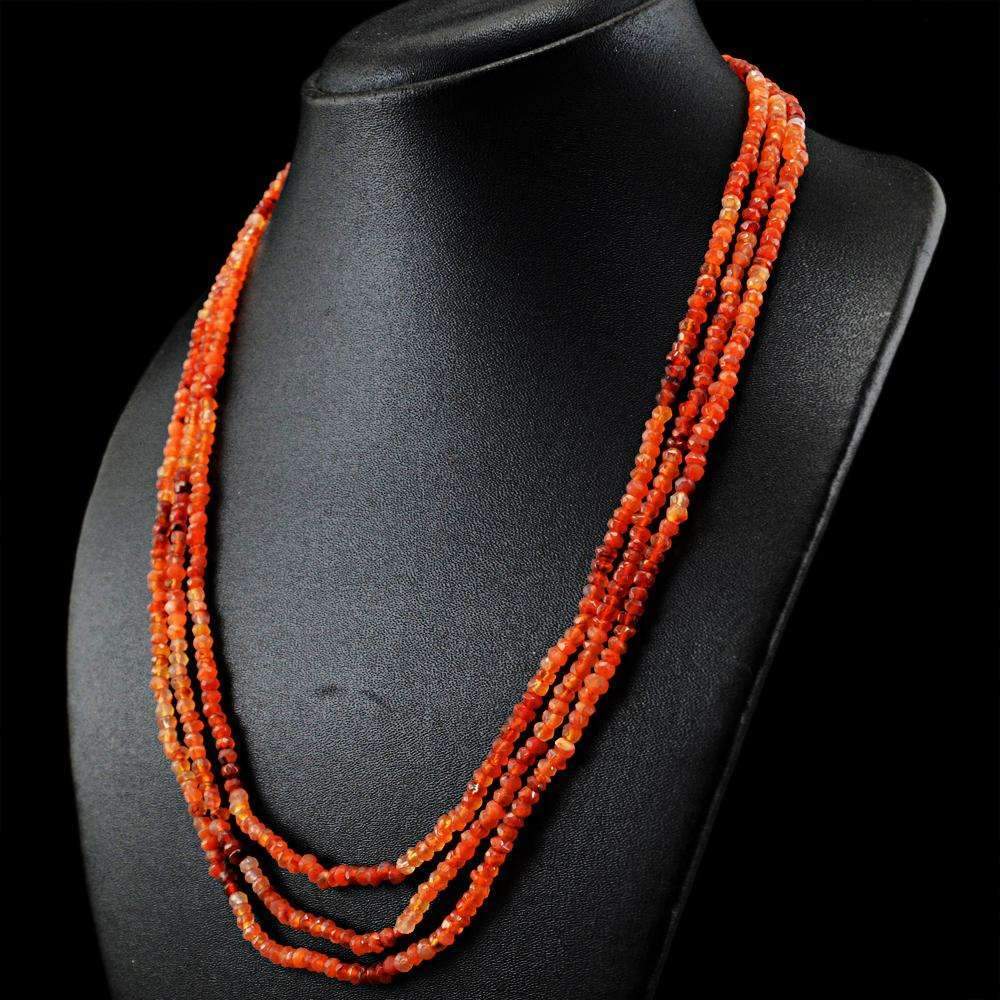 gemsmore:3 Line Orange Carnelian Necklace Natural Round Shape Faceted Beads