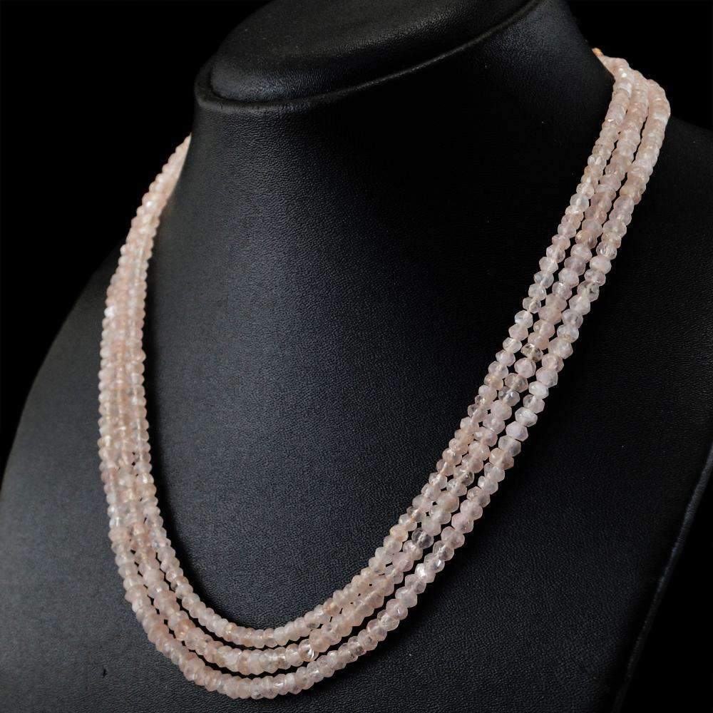 gemsmore:3 Line Pink Rose Quartz Necklace Untreated Round Cut Beads