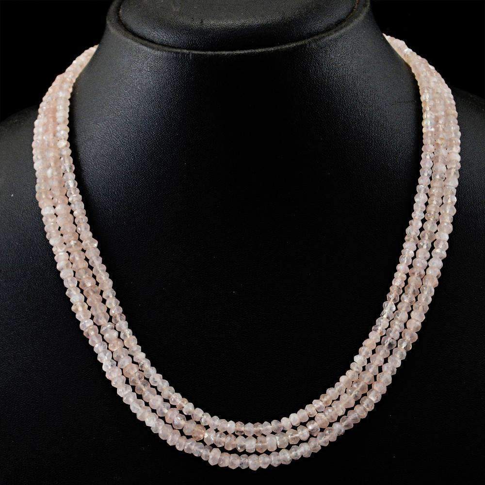 gemsmore:3 Line Pink Rose Quartz Necklace Untreated Round Cut Beads