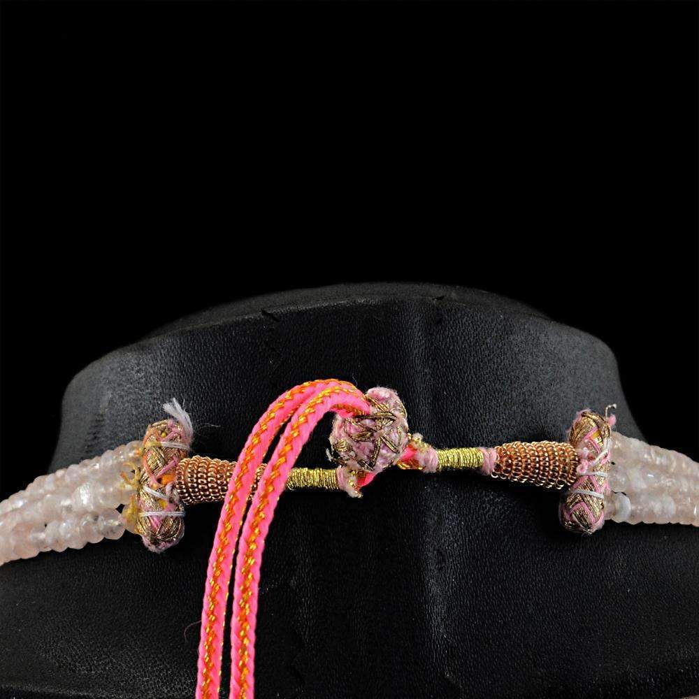 gemsmore:3 Line Pink Rose Quartz Necklace Untreated Round Cut Beads