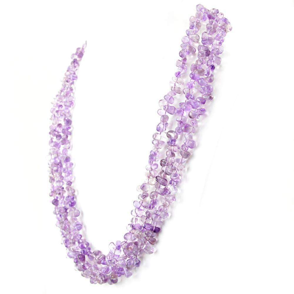 gemsmore:3 Line Purple Amethyst Necklace Natural Tear Drop Beads