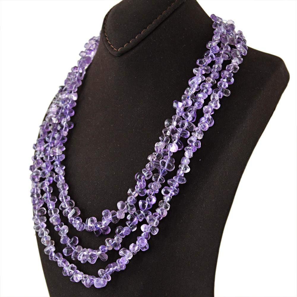 gemsmore:3 Line Purple Amethyst Necklace Natural Untreated Tear Drop Beads