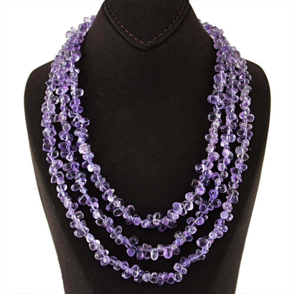 gemsmore:3 Line Purple Amethyst Necklace Natural Untreated Tear Drop Beads