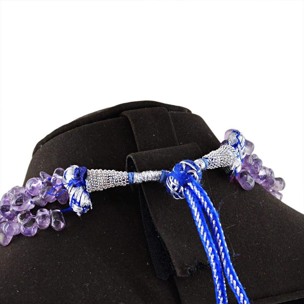 gemsmore:3 Line Purple Amethyst Necklace Natural Untreated Tear Drop Beads