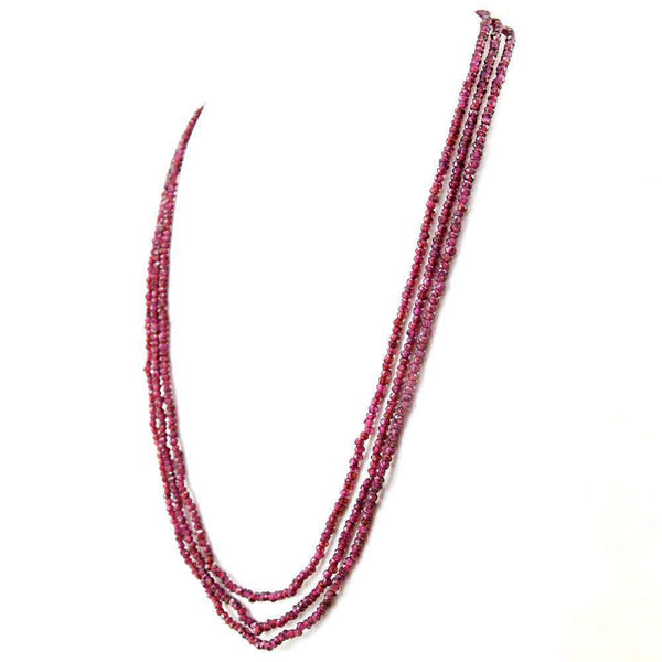 gemsmore:3 Line Red Garnet Necklace Natural Round Shape Faceted Beads