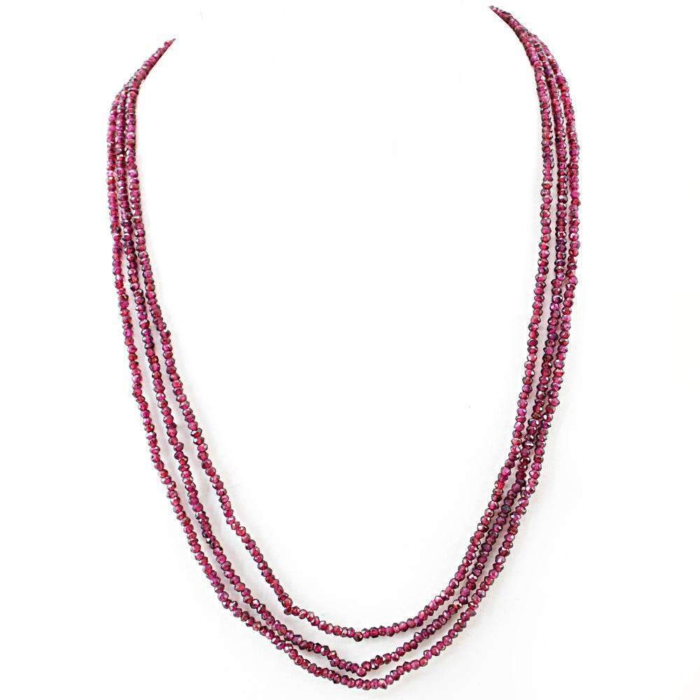 gemsmore:3 Line Red Garnet Necklace Natural Round Shape Faceted Beads