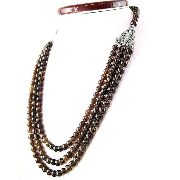 gemsmore:3 Line Smoky Quartz Necklace Natural Round Shape Beads