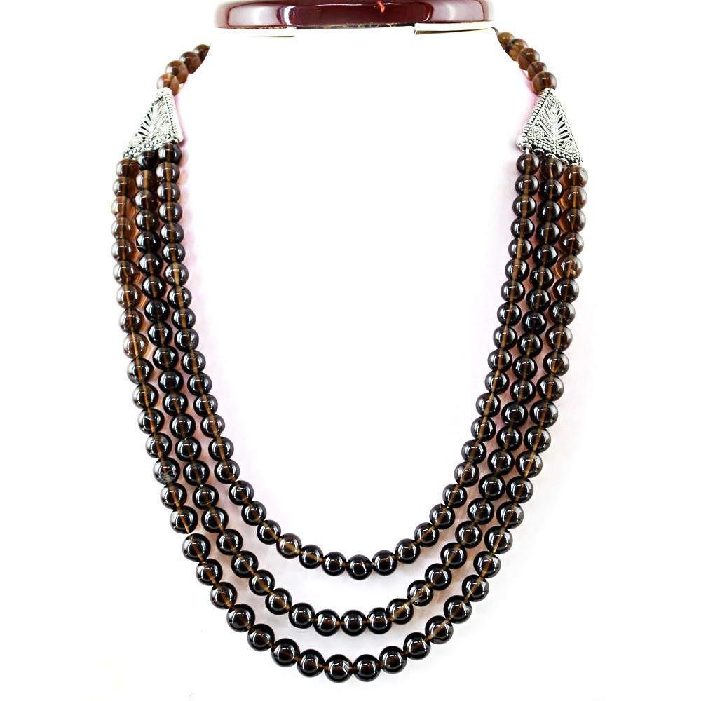 gemsmore:3 Line Smoky Quartz Necklace Natural Round Shape Beads