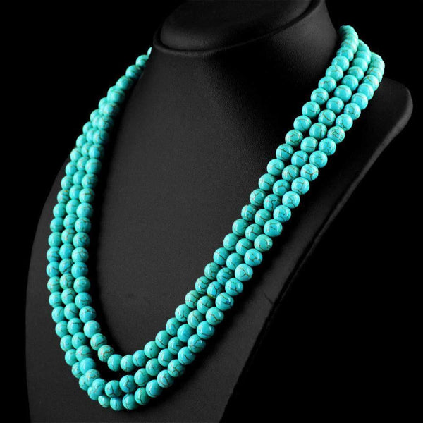 gemsmore:3 Line Turquoise Necklace Natural 20 Inches Long Round Beads